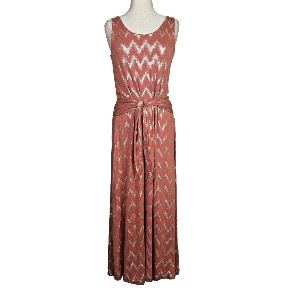 Soft Surroundings Dress Womens S Orange‎ Metallic Chevron Maxi Tie Waist Glitter